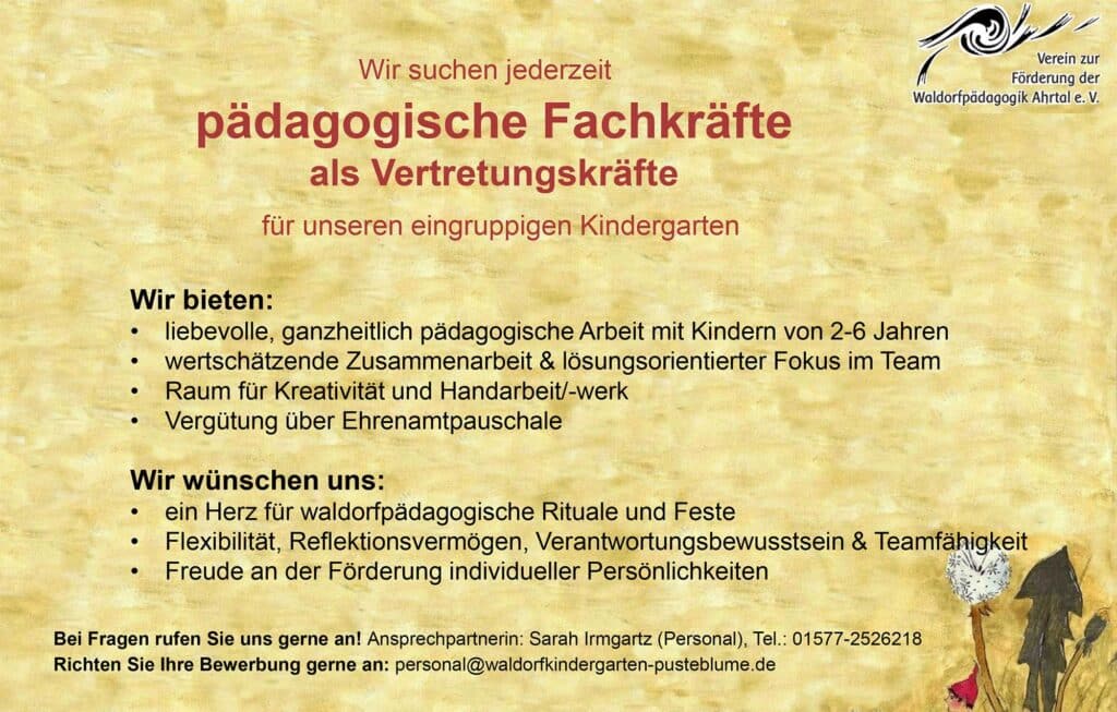 Stellenausschreibung-Vertretungskraft_Waldorfkindergarten_Pusteblume_Oeverich_web